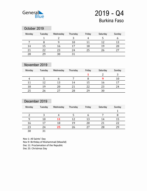 Burkina Faso Quarter 4 2019 Calendar with Holidays