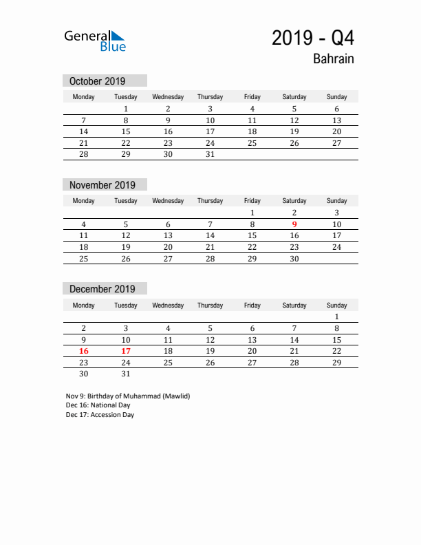 Bahrain Quarter 4 2019 Calendar with Holidays