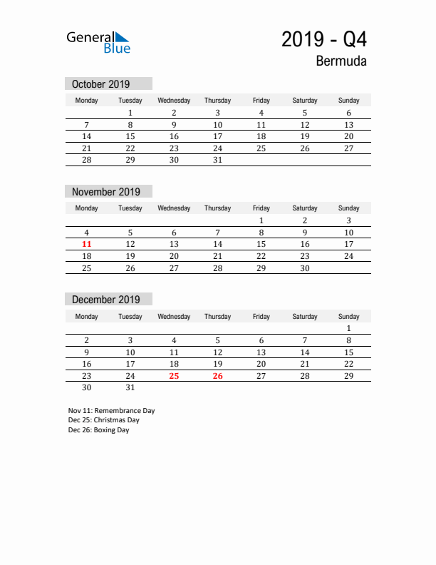 Bermuda Quarter 4 2019 Calendar with Holidays