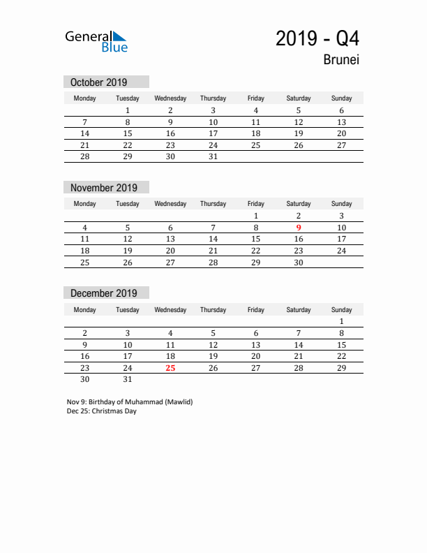 Brunei Quarter 4 2019 Calendar with Holidays