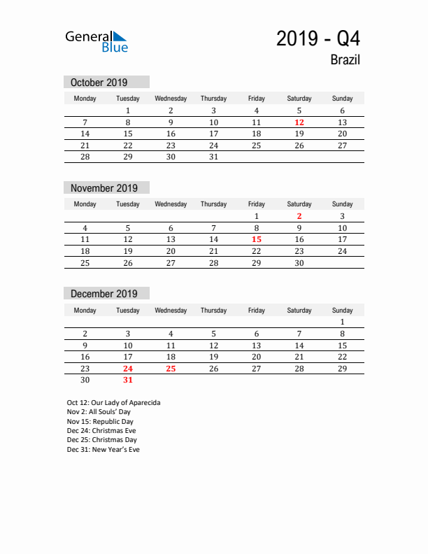 Brazil Quarter 4 2019 Calendar with Holidays