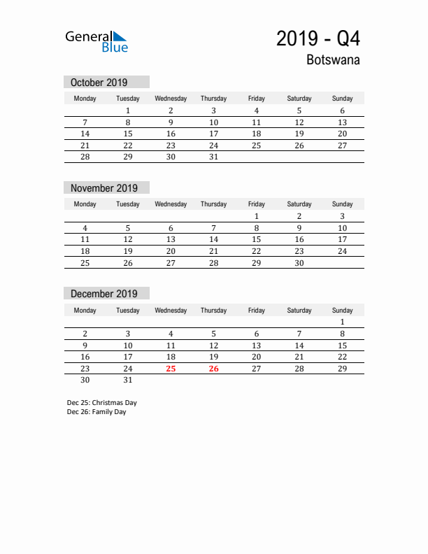 Botswana Quarter 4 2019 Calendar with Holidays