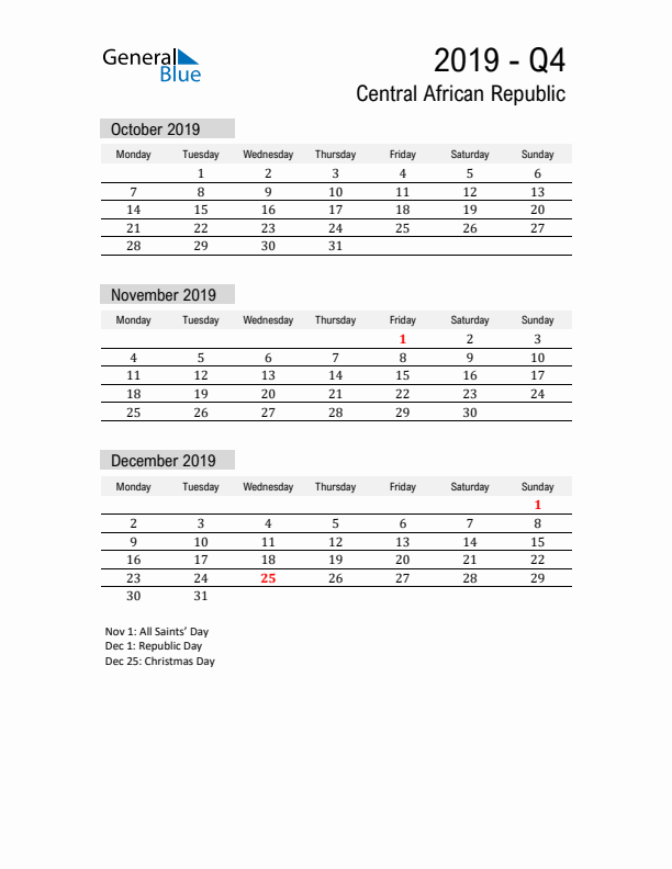 Central African Republic Quarter 4 2019 Calendar with Holidays