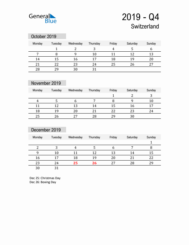 Switzerland Quarter 4 2019 Calendar with Holidays