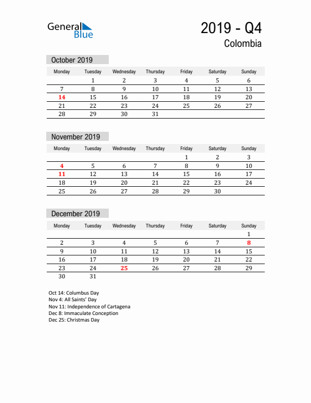 Colombia Quarter 4 2019 Calendar with Holidays