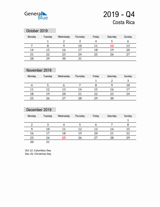 Costa Rica Quarter 4 2019 Calendar with Holidays