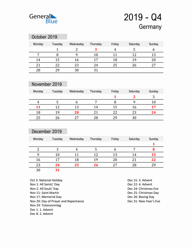 Germany Quarter 4 2019 Calendar with Holidays