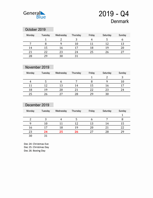 Denmark Quarter 4 2019 Calendar with Holidays