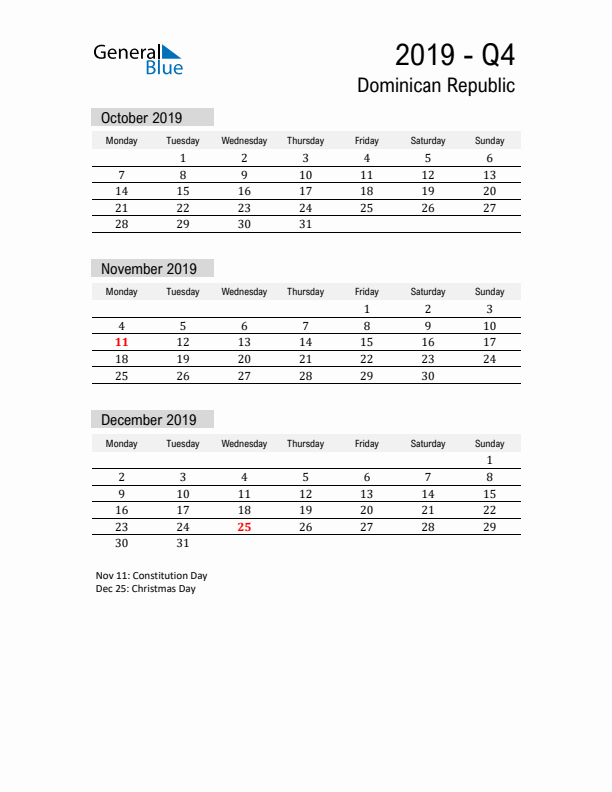 Dominican Republic Quarter 4 2019 Calendar with Holidays