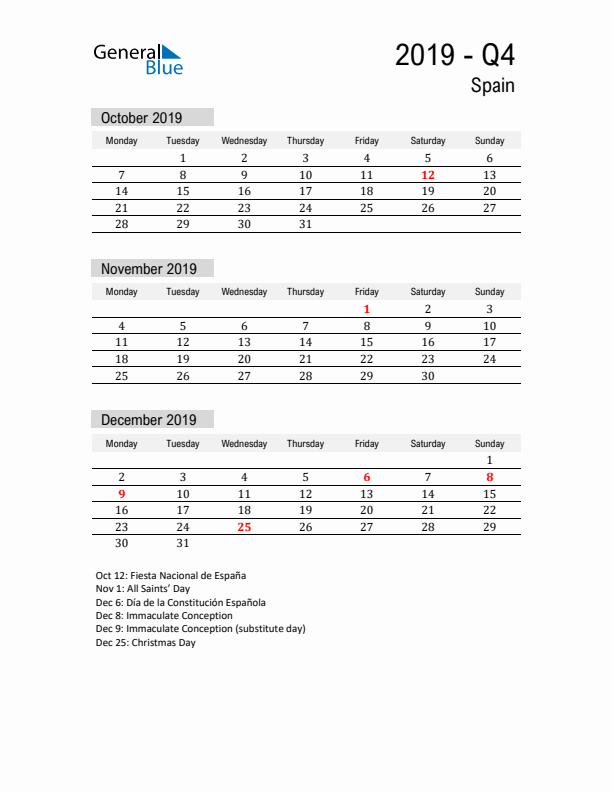 Spain Quarter 4 2019 Calendar with Holidays