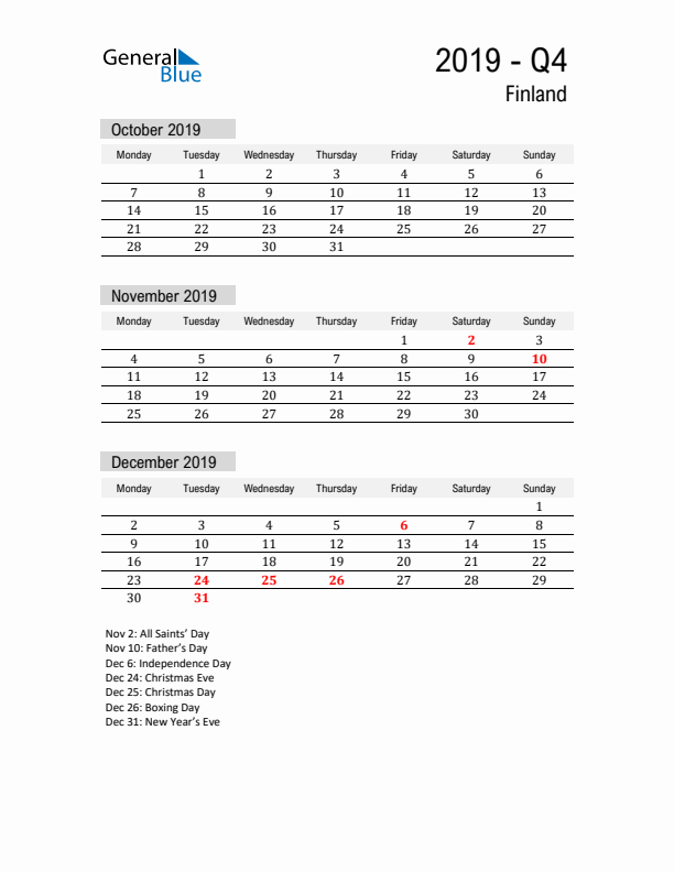 Finland Quarter 4 2019 Calendar with Holidays