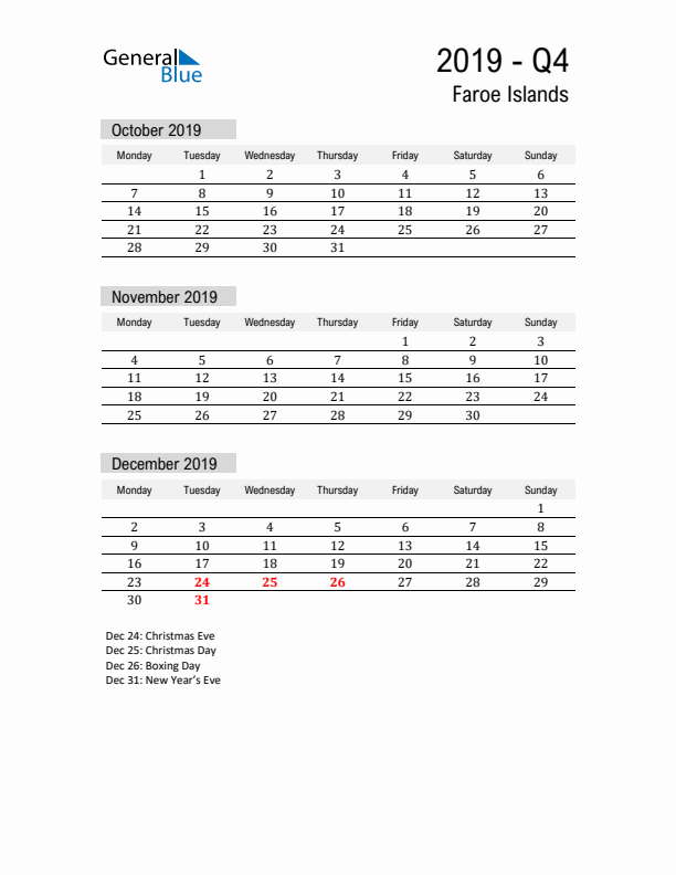 Faroe Islands Quarter 4 2019 Calendar with Holidays