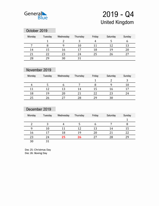 United Kingdom Quarter 4 2019 Calendar with Holidays