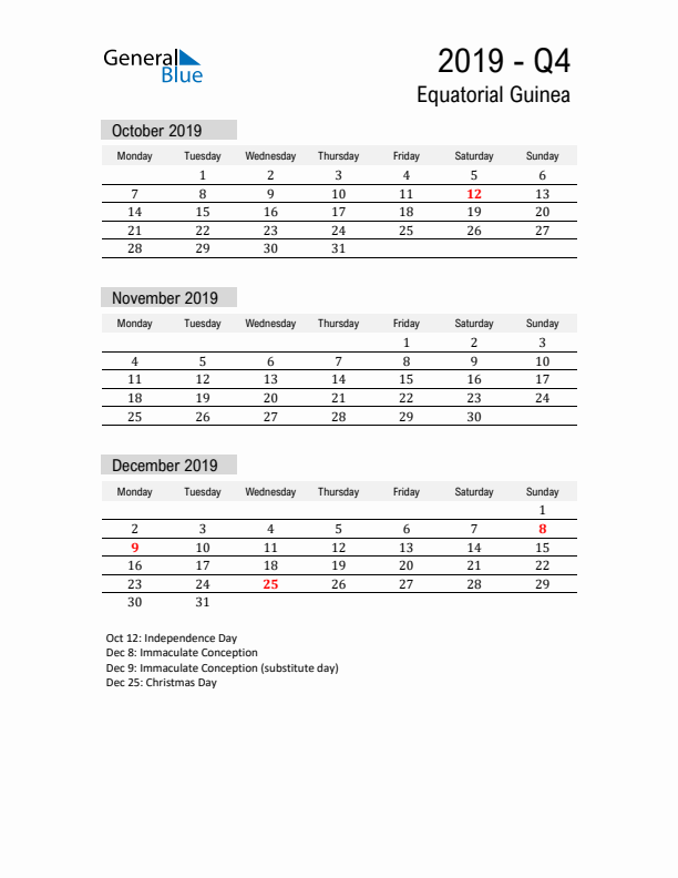 Equatorial Guinea Quarter 4 2019 Calendar with Holidays