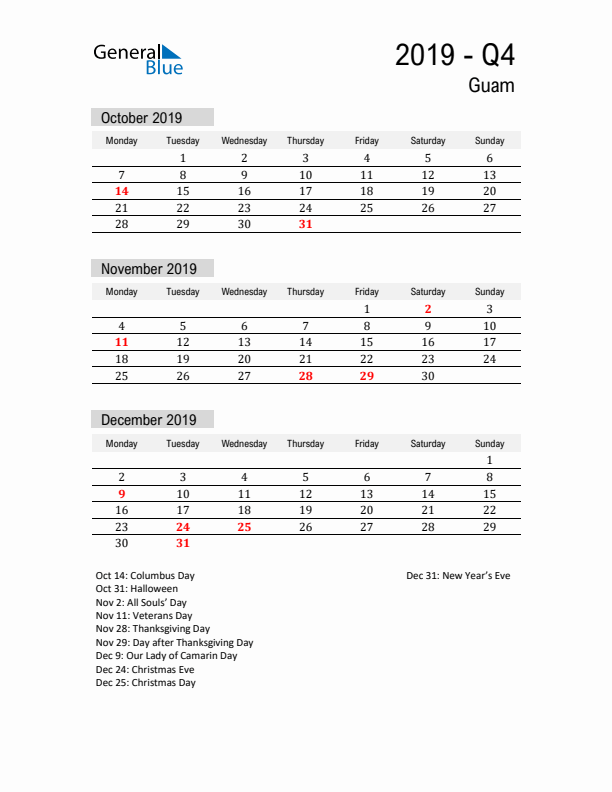 Guam Quarter 4 2019 Calendar with Holidays