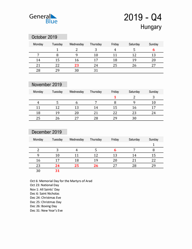 Hungary Quarter 4 2019 Calendar with Holidays