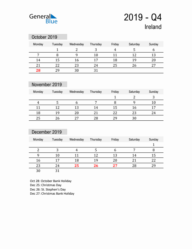 Ireland Quarter 4 2019 Calendar with Holidays