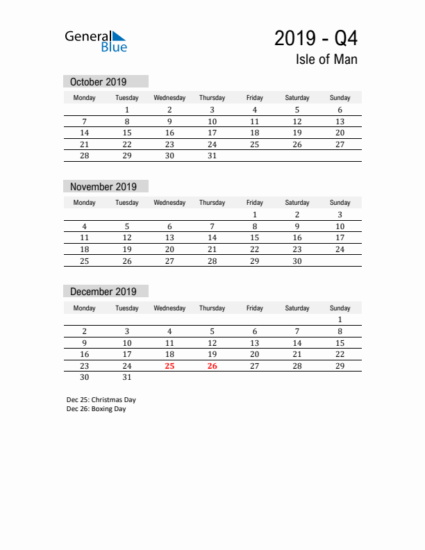 Isle of Man Quarter 4 2019 Calendar with Holidays