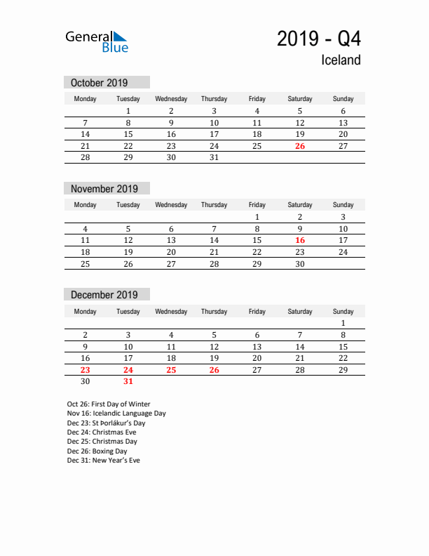 Iceland Quarter 4 2019 Calendar with Holidays