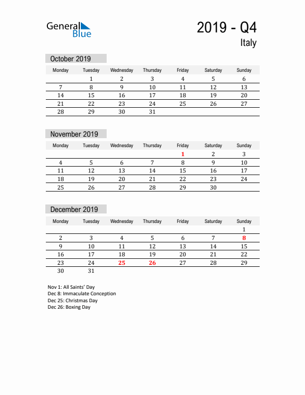 Italy Quarter 4 2019 Calendar with Holidays