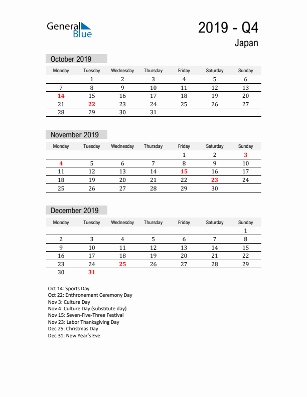 Japan Quarter 4 2019 Calendar with Holidays