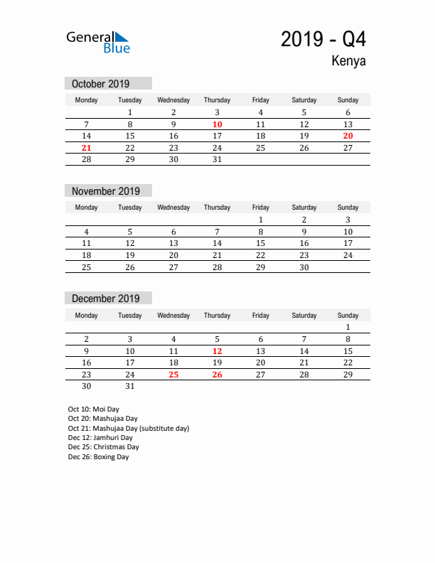 Kenya Quarter 4 2019 Calendar with Holidays