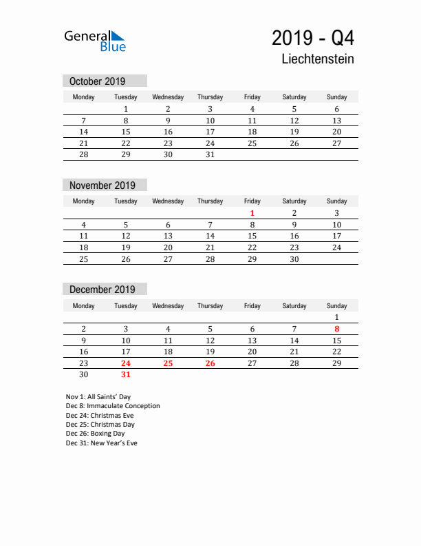 Liechtenstein Quarter 4 2019 Calendar with Holidays