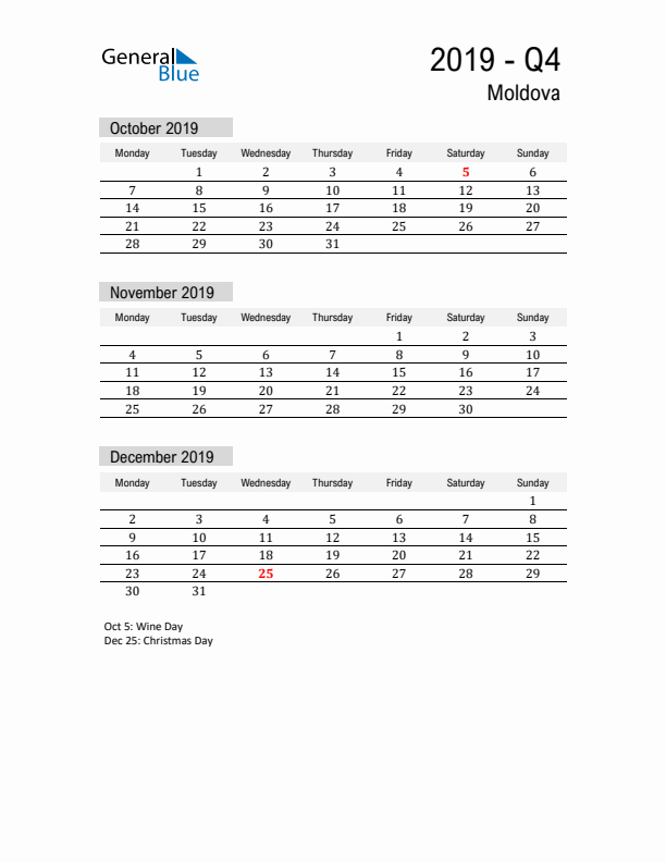 Moldova Quarter 4 2019 Calendar with Holidays