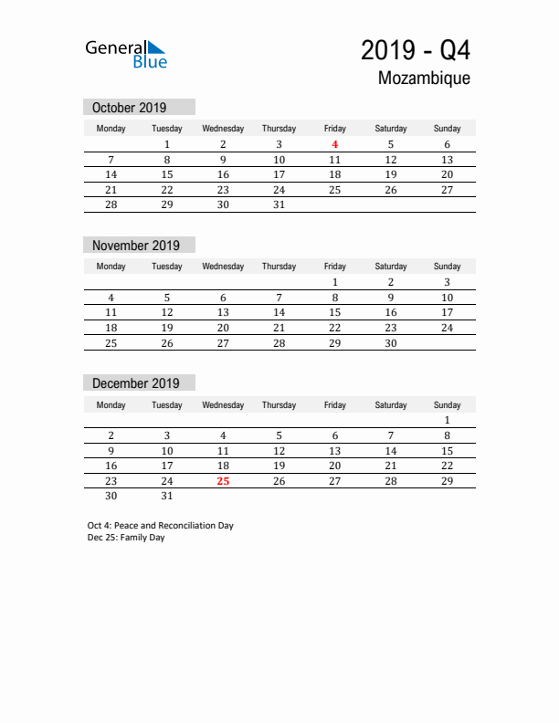 Mozambique Quarter 4 2019 Calendar with Holidays