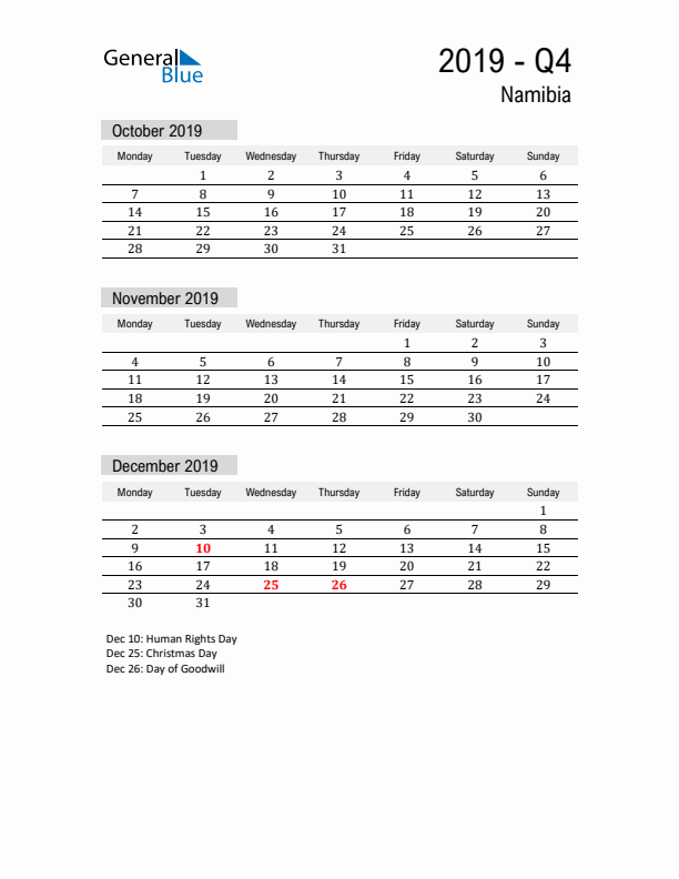 Namibia Quarter 4 2019 Calendar with Holidays