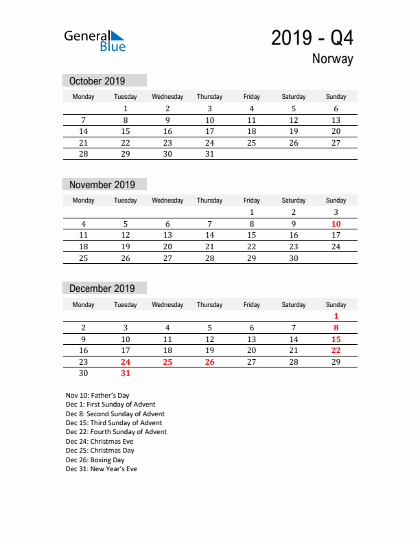 Norway Quarter 4 2019 Calendar with Holidays