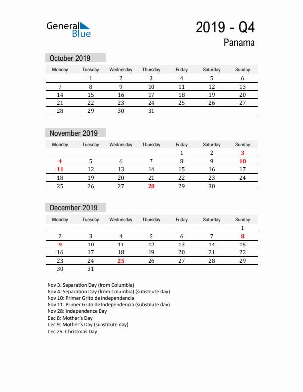 Panama Quarter 4 2019 Calendar with Holidays