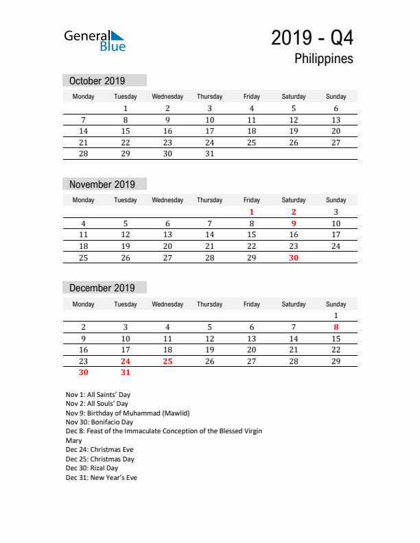 Philippines Quarter 4 2019 Calendar with Holidays