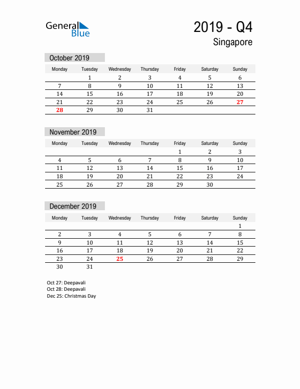 Singapore Quarter 4 2019 Calendar with Holidays