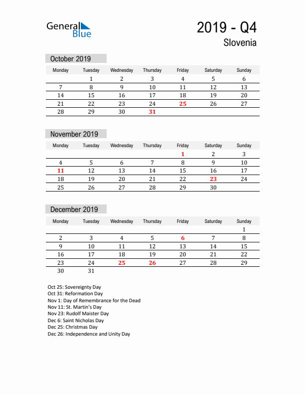 Slovenia Quarter 4 2019 Calendar with Holidays