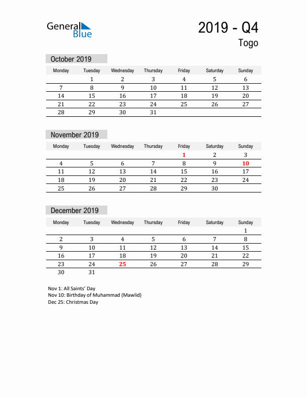 Togo Quarter 4 2019 Calendar with Holidays