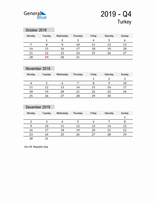 Turkey Quarter 4 2019 Calendar with Holidays