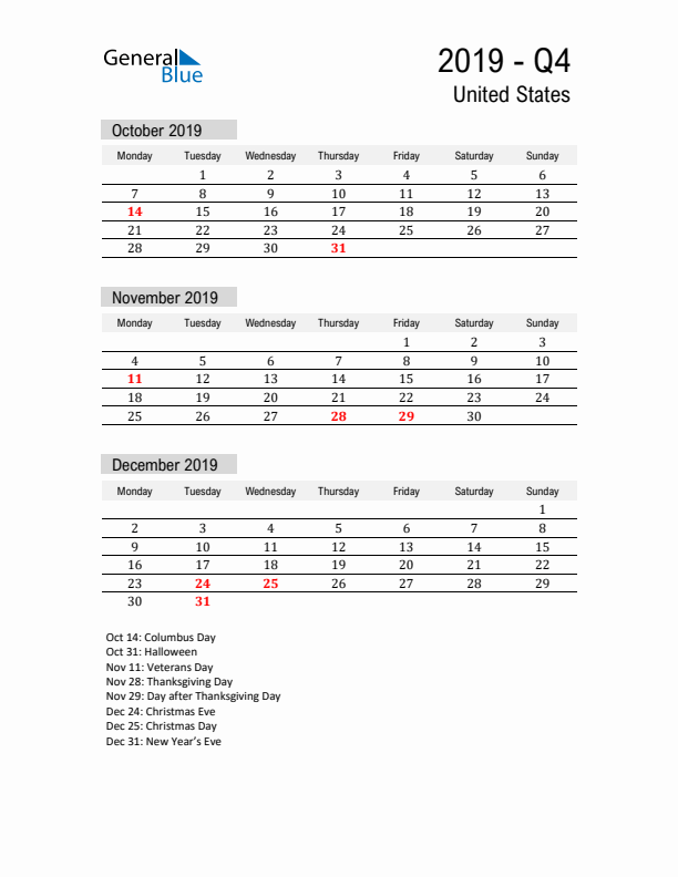 United States Quarter 4 2019 Calendar with Holidays