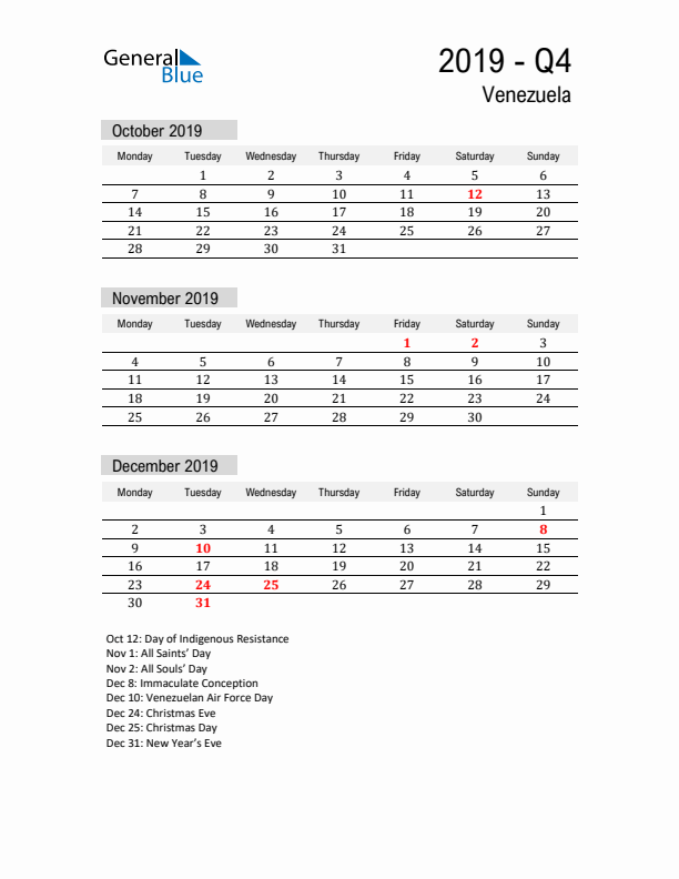 Venezuela Quarter 4 2019 Calendar with Holidays