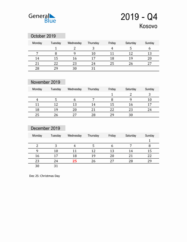 Kosovo Quarter 4 2019 Calendar with Holidays