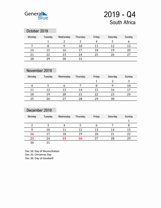 South Africa Quarter 4 2019 Calendar with Holidays