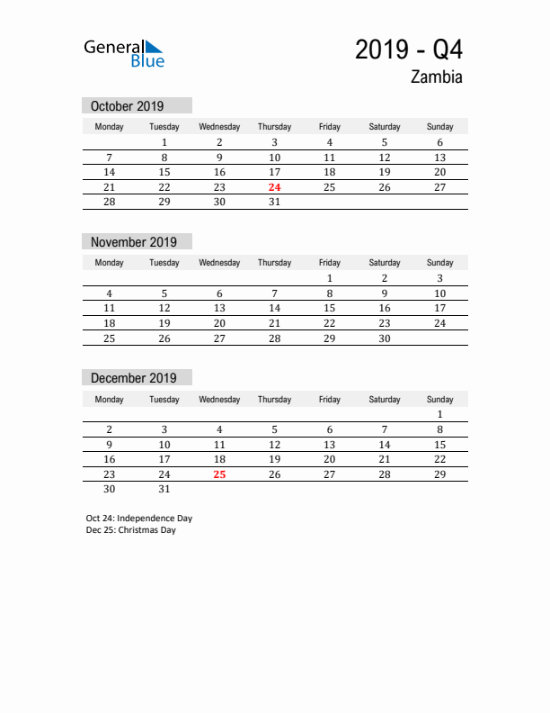 Zambia Quarter 4 2019 Calendar with Holidays