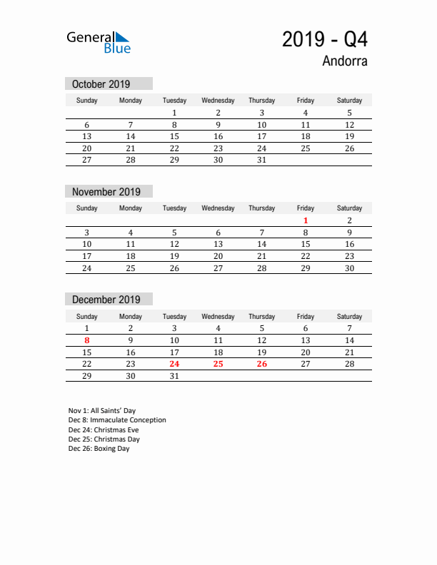 Andorra Quarter 4 2019 Calendar with Holidays