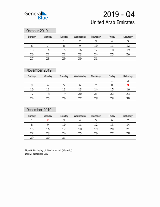 United Arab Emirates Quarter 4 2019 Calendar with Holidays