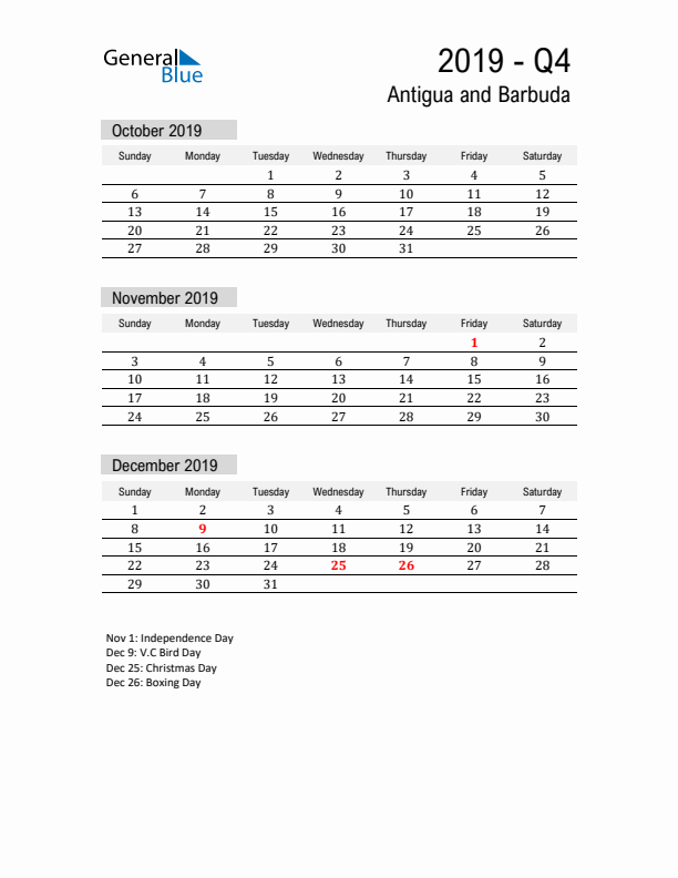 Antigua and Barbuda Quarter 4 2019 Calendar with Holidays