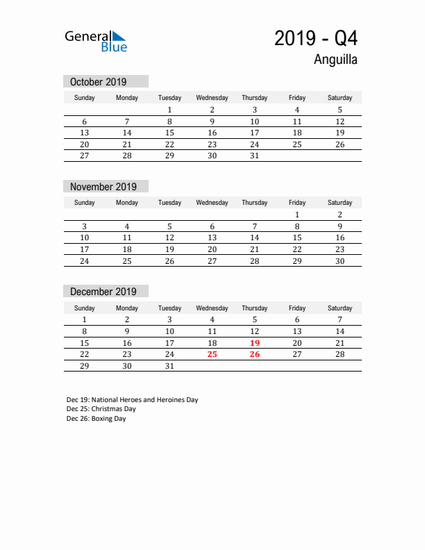 Anguilla Quarter 4 2019 Calendar with Holidays