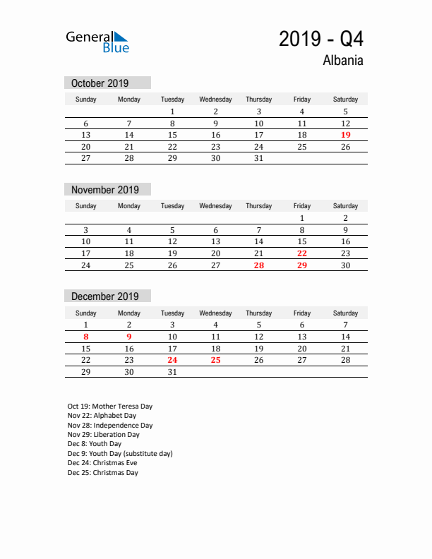 Albania Quarter 4 2019 Calendar with Holidays