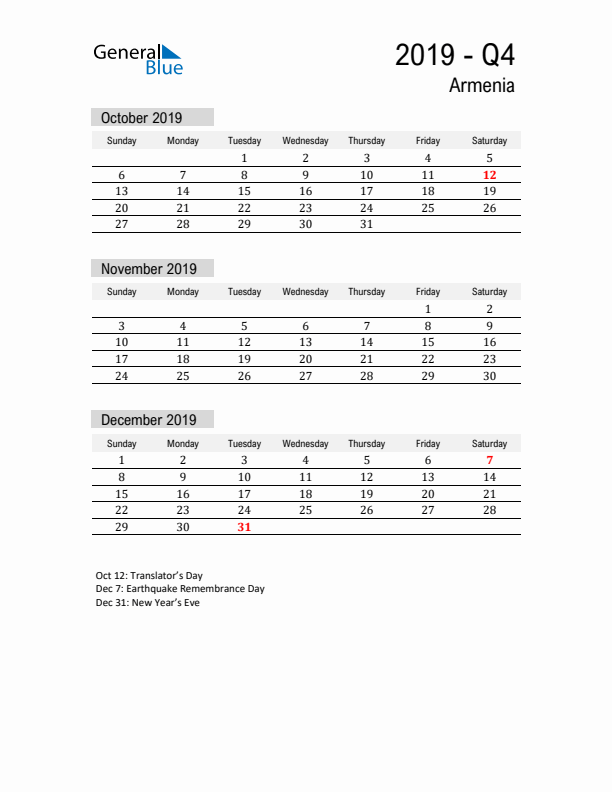 Armenia Quarter 4 2019 Calendar with Holidays