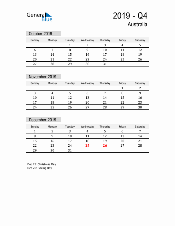 Australia Quarter 4 2019 Calendar with Holidays