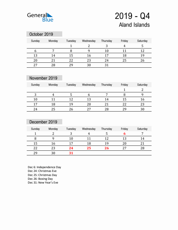 Aland Islands Quarter 4 2019 Calendar with Holidays